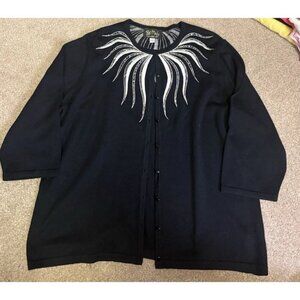 Bob Mackie Wearable Art 3/4 Sleeve Embellished Cardigan XL Black & Silver